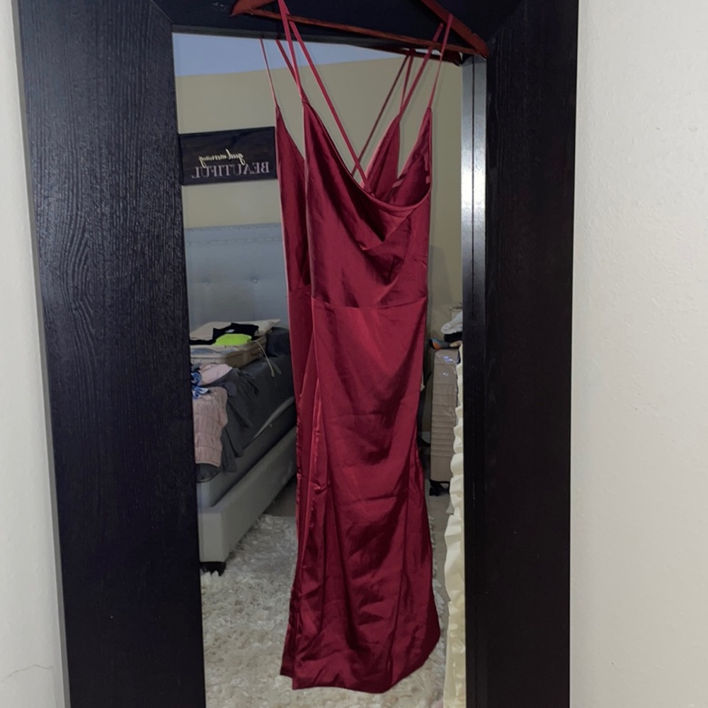 Wine cowl neck satin midi dress hello Polly size 10